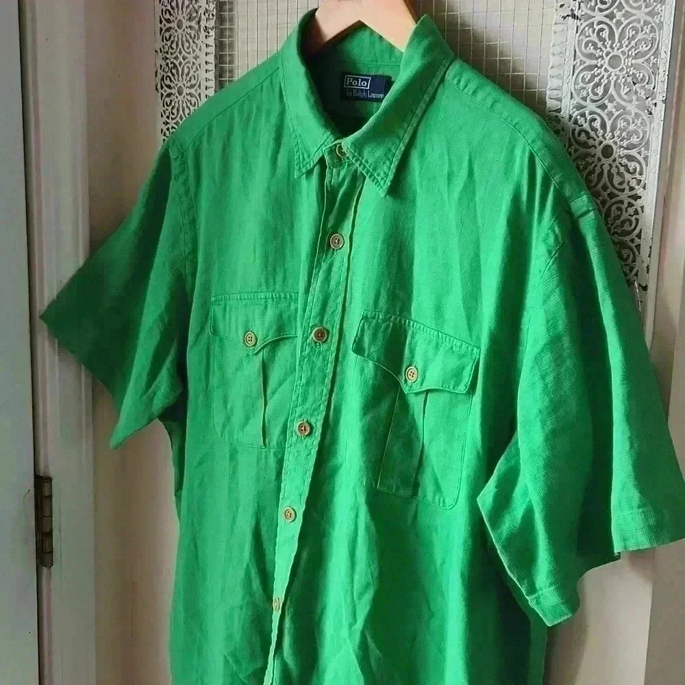 Vtg Polo Ralph Lauren linen blend short sleeve shirt‎ Kelly Green Sz L